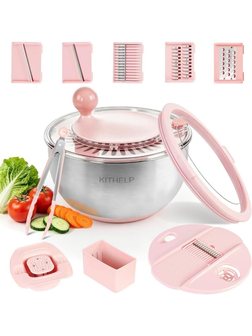 Large Stainless Steel Salad Spinner & Strainer - 5.3Qt with 5 Blades & Lid